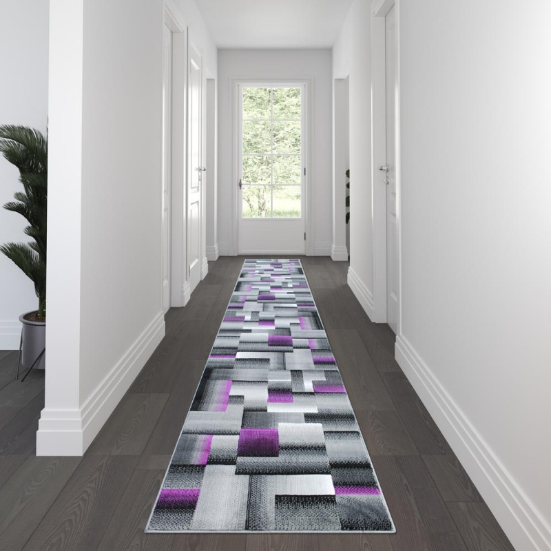 Elio Collection 3' X 16' Purple Color Blocked Area Rug - Olefin Rug With Jute Backing - Entryway, Living Room, Or Bedroom