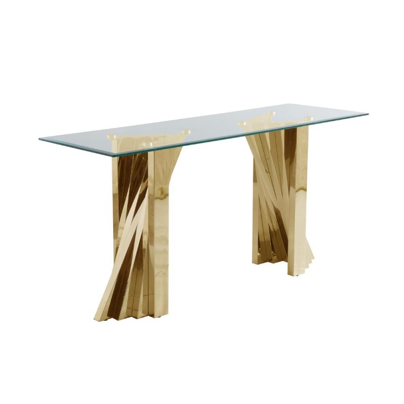 Glass Console Table With Stainless Steel Double Gold Base