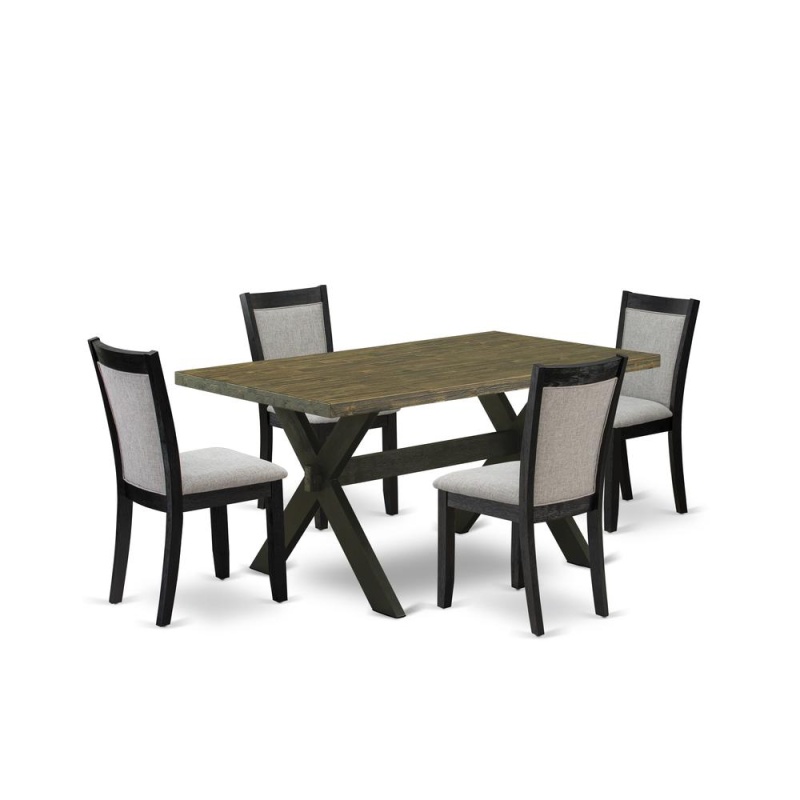 X676mz606-5 5 Piece Dinette Set - Distressed Jacobean Table With 4 Shitake Linen Fabric Kitchen Chairs - Wire Brushed Black Finish