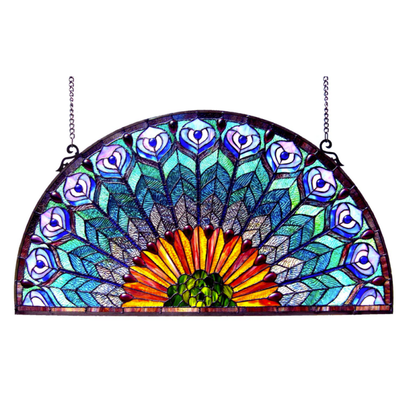 Regal Eudora Tiffany-Style Peacock Feather Glass Window Panel 35X18