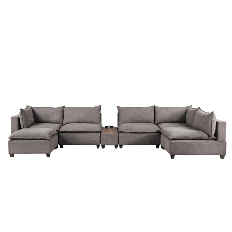 Madison Light Gray Fabric 7-Piece Modular Sectional Sofa Chaise With Usb Storage Console Table