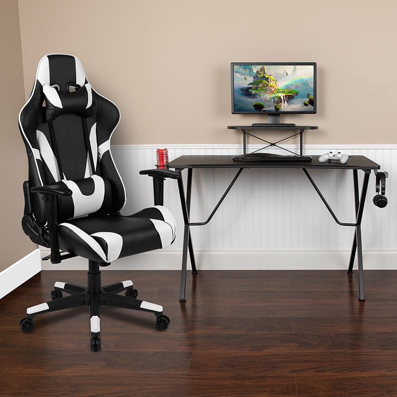 Black Gaming Desk And Black Reclining Gaming Chair Set With Cup Holder, Headphone Hook, And Monitor/Smartphone Stand