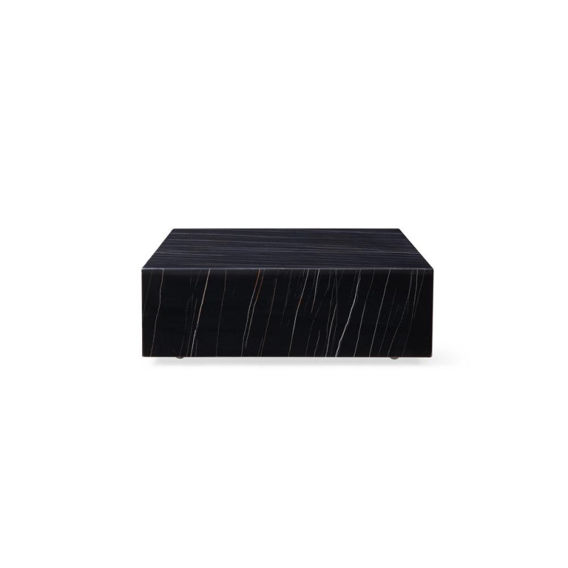 Cube Square Black High Gloss Marble Coffee Table, With Casters