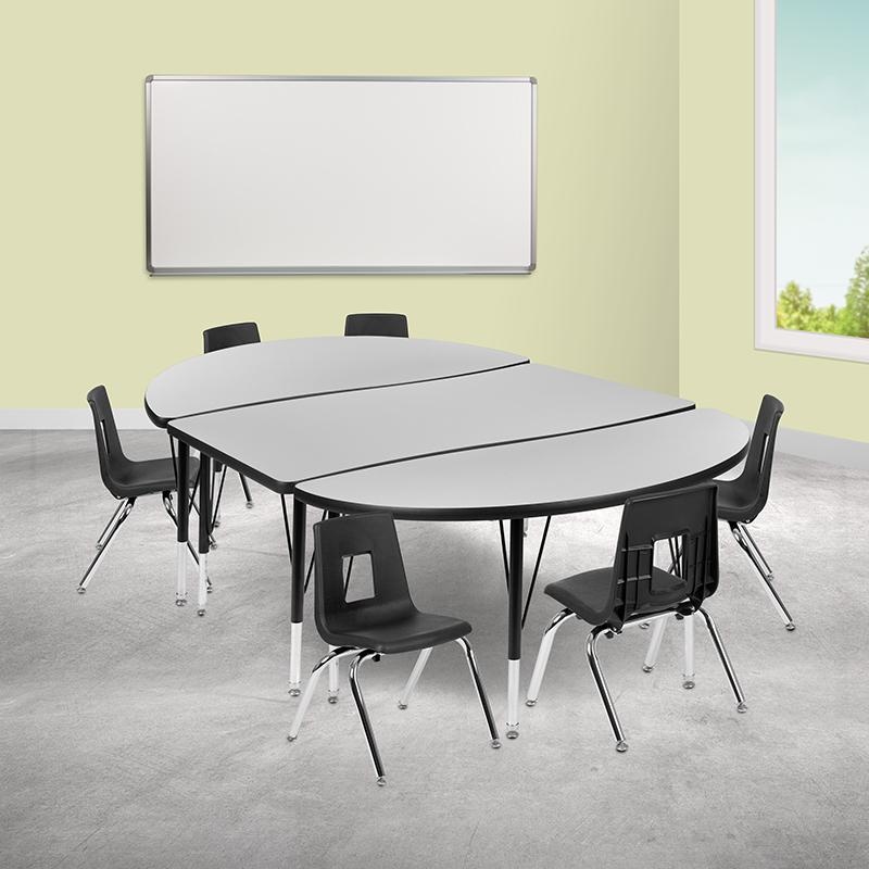 76" Oval Wave Collaborative Laminate Activity Table Set With 12" Student Stack Chairs, Grey/Black