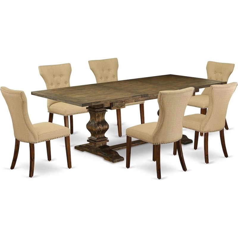 East West Furniture Laga7-78-03 7-Piece Dining Table Set - 6 Dining Chairs With Brown Linen Fabric Back And Seat - Dining Table With Pedestal Legs - Antique Walnut & Distressed Jacobean Finish