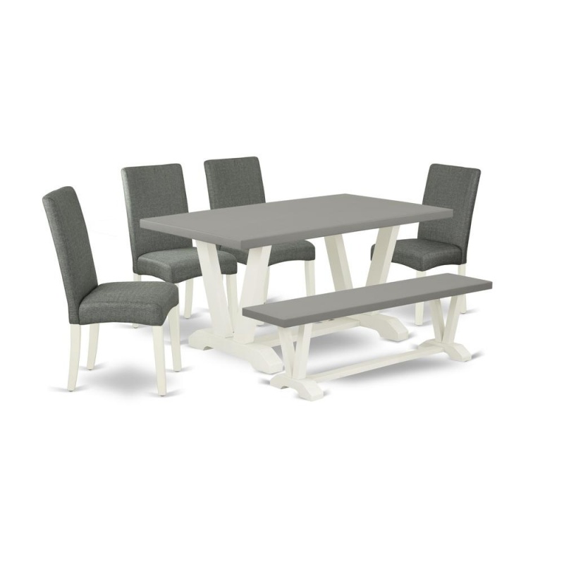 East West Furniture V096dr207-6 6-Pc Dinette Set - 4 Parson Chairs, A Mid Century Bench Cement Top And 1 Modern Cement Dining Room Table Top With High Chair Back - Linen White Finish