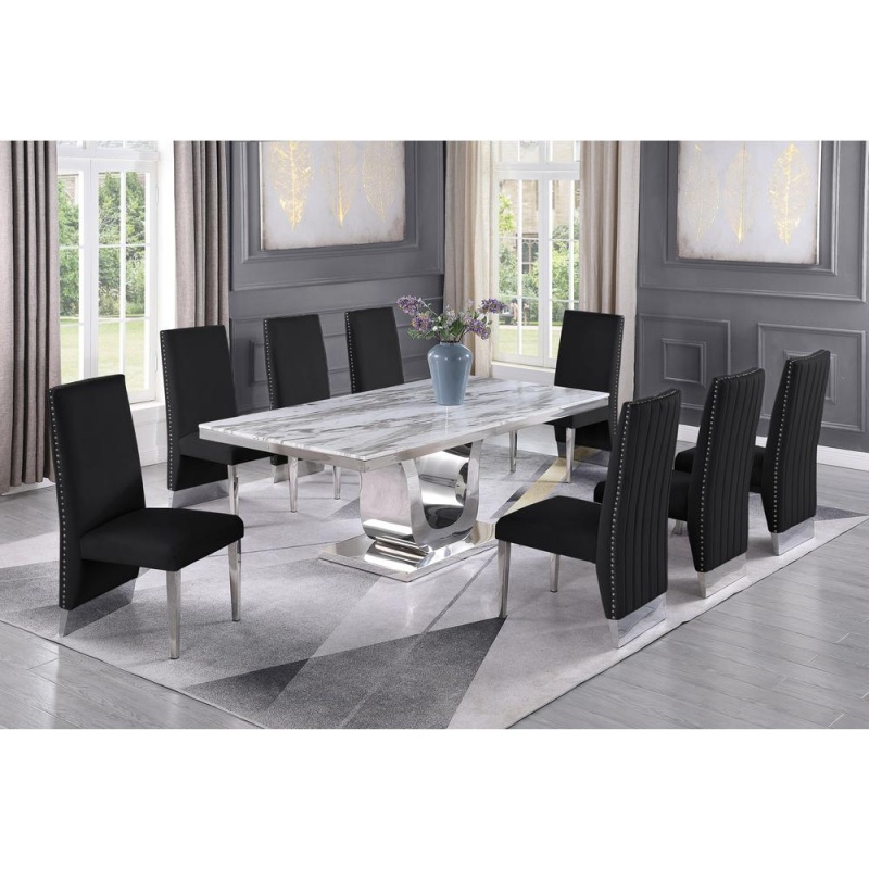 White Marble 9Pc Set Pleated Chairs In Black Velvet