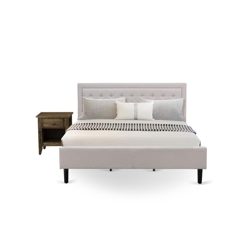 Fn08k-1Ga07 2-Piece Platform Wooden Set For Bedroom With 1 King Frame And 1 End Table - Mist Beige Linen Fabric