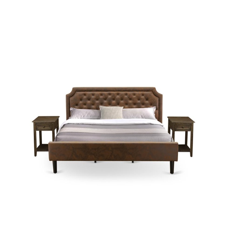 Gb25k-2De07 3-Pc Wooden Set For Bedroom With Bed And 2 Distressed Jacobean Night Stands - Dark Brown Faux Leather And Black Legs
