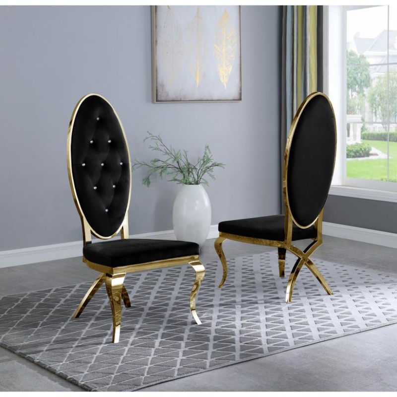 Classic 9Pc Dining Set W/Uph Tufted Side Chair, Glass Table W/ Gold Spiral Base, Black