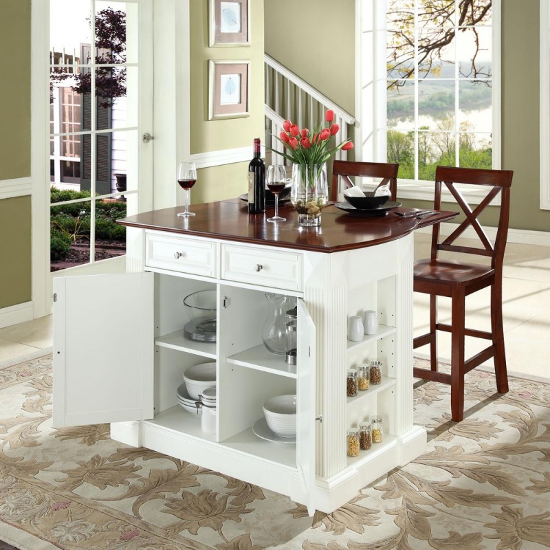 Coventry Drop Leaf Top Kitchen Island W/X-Back Stools White/Cherry - Kitchen Island, 2 Counter Height Bar Stools