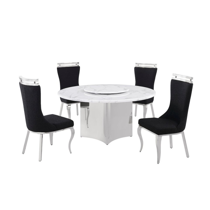 5Pc Circle Marble Top With Lazy Susan And 4 Black With Silver Chairs
