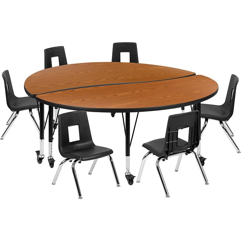 Mobile 60" Circle Wave Collaborative Laminate Activity Table Set With 14" Student Stack Chairs, Oak/Black