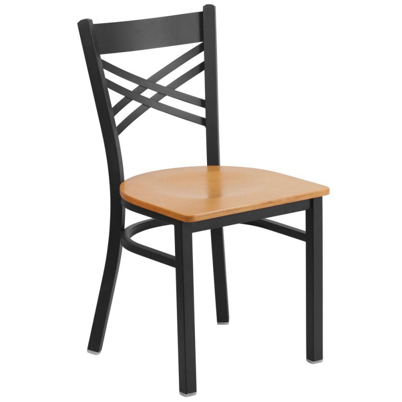 Black X-Back Metal Restaurant Chair with Natural Wood Seat