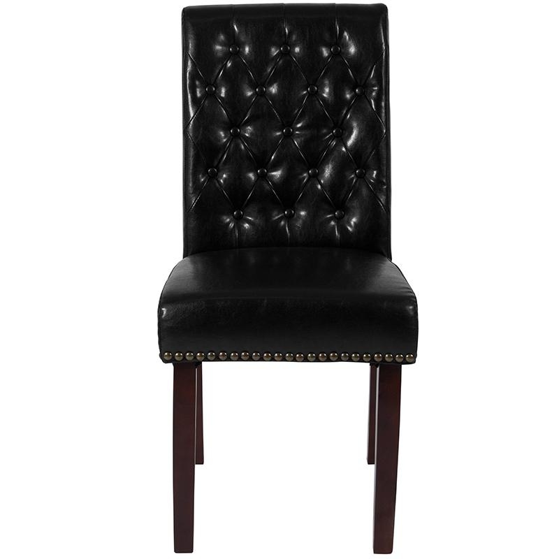 Hercules Series Black Leathersoft Parsons Chair With Rolled Back, Accent Nail Trim And Walnut Finish