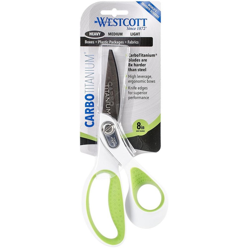 Westcott CarboTitanium Bonded Scissors, 8 Long, 3.25 Cut Length, White/Green Bent Handle