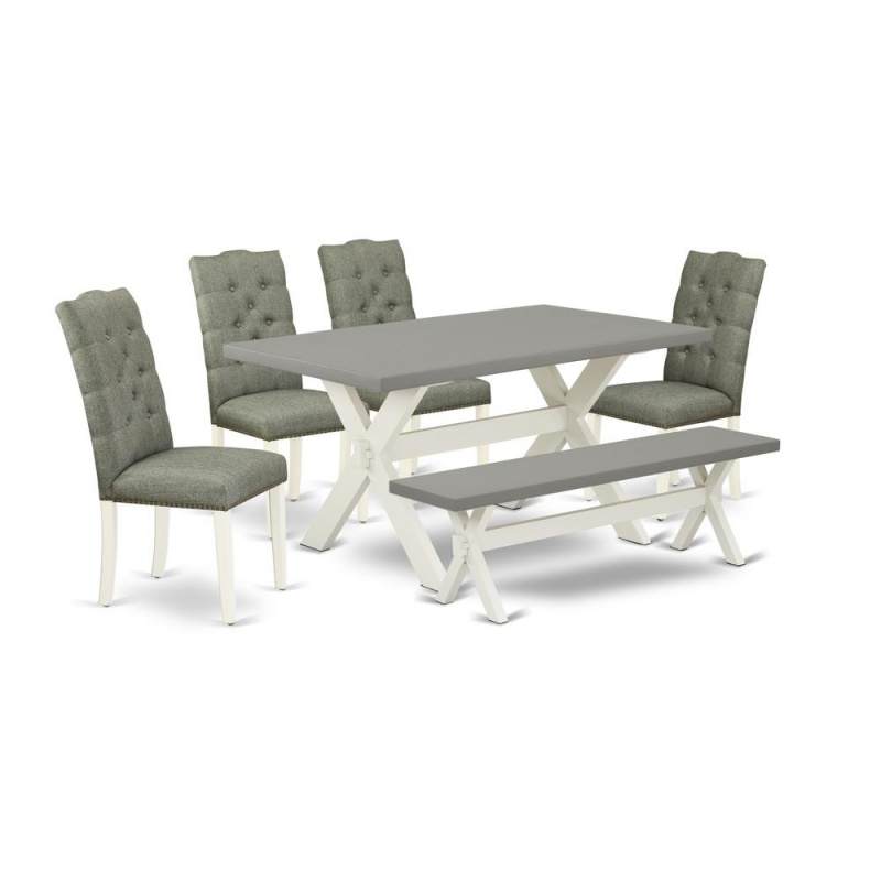 East West Furniture 6-Pc Dining Table Set- 4 Parson Chairs With Smoke Linen Fabric Seat And Button Tufted Chair Back - Rectangular Top & Wooden Cross Legs Mid Century Dining Table And Small Bench - Ce