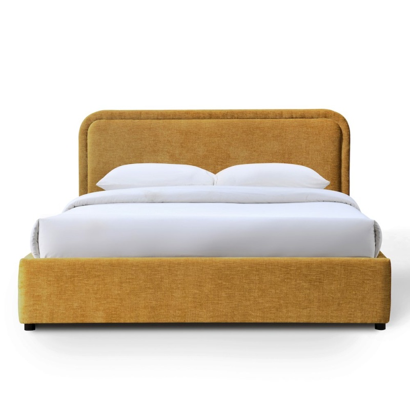Chloe Upholstered Platform Queen Bed In Gold Fabric
