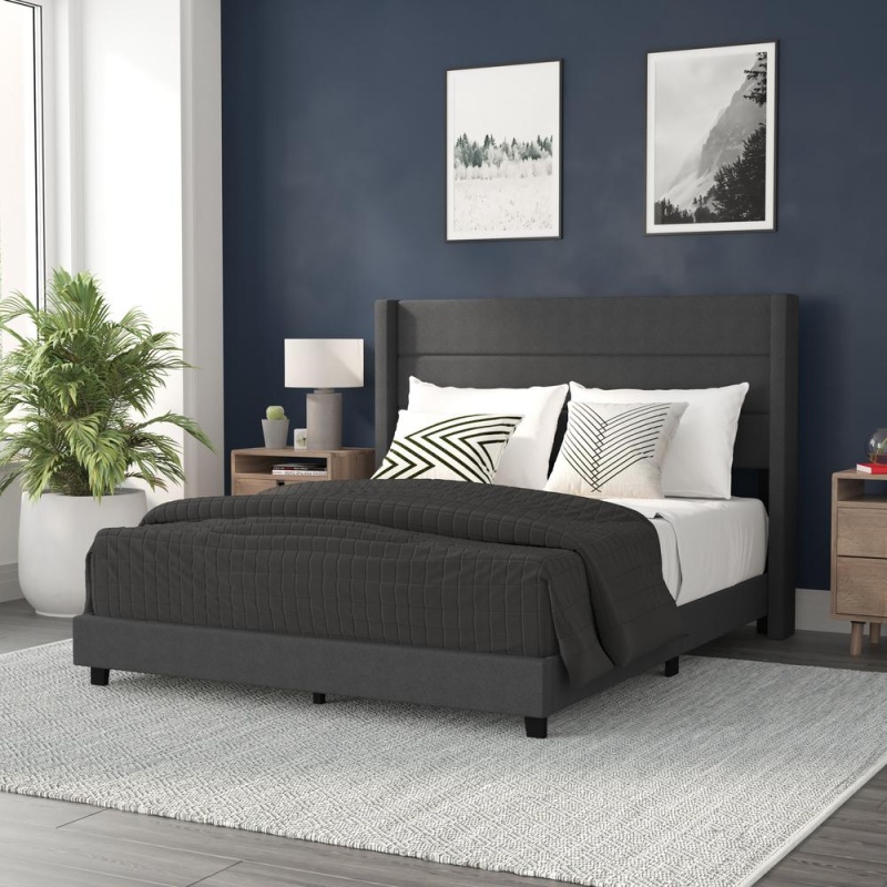 Hollis Queen Upholstered Platform Bed With Wingback Headboard, Mattress Foundation With Slatted Supports, No Box Spring Needed, Charcoal Faux Linen
