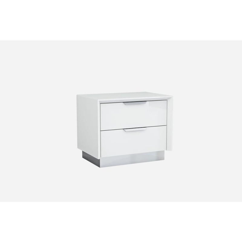 Navi Night Stand High Gloss White With Stainless Steel Trim 2 Drawers With Self-Close Runners