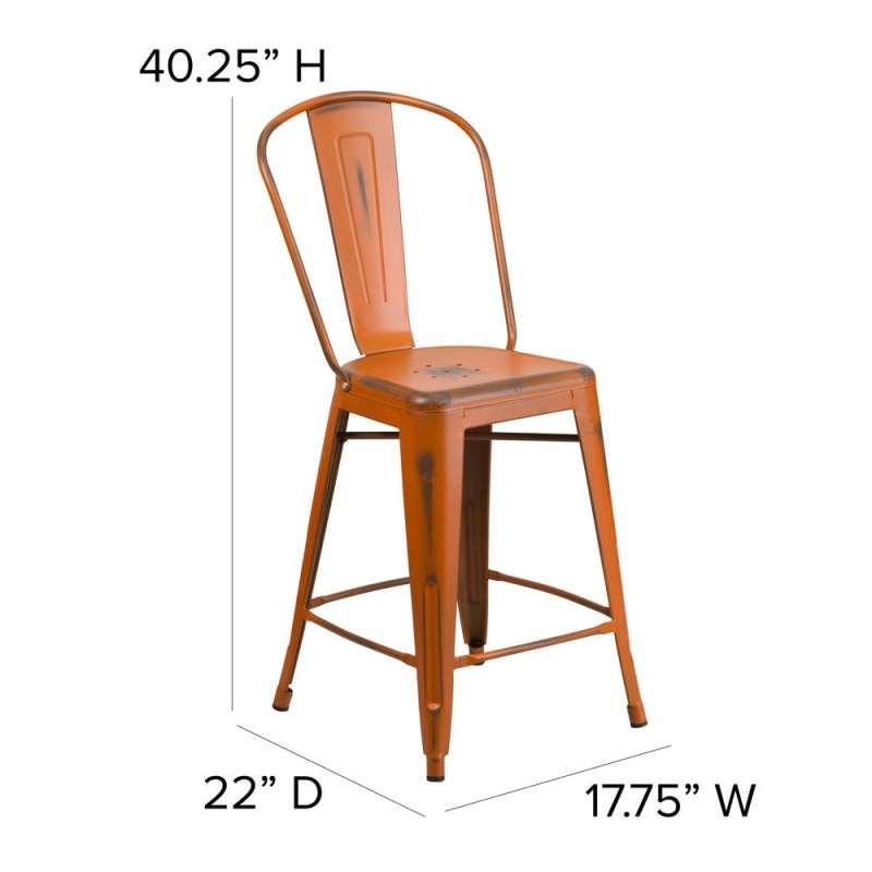 Carly Commercial Grade 24" High Orange Metal Indoor-Outdoor Counter Height Stool With Back With Teak Poly Resin Wood Seat