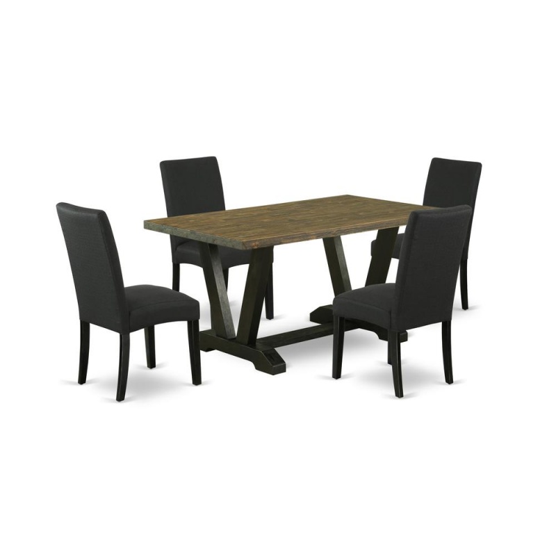 East West Furniture V676dr124-5 5-Piece Dinette Room Set- 4 Parson Chairs With Black Linen Fabric Seat And Stylish Chair Back - Rectangular Table Top & Wooden Legs - Distressed Jacobean And Black Fini