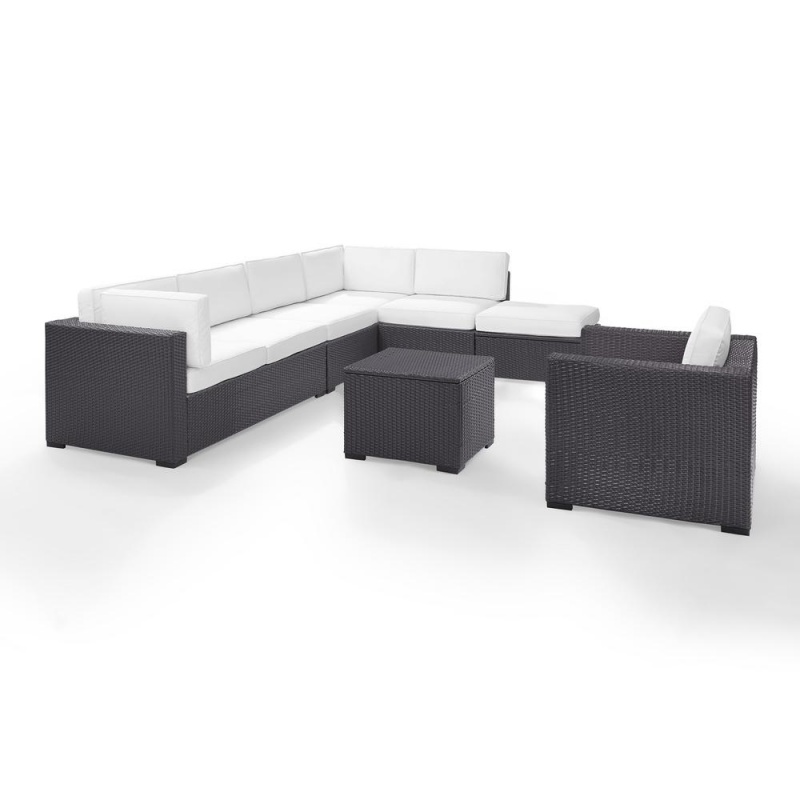 Biscayne 6Pc Outdoor Wicker Sectional Set White/Brown - 2 Loveseats, Armless Chair, Arm Chair, Coffee Table, Ottoman