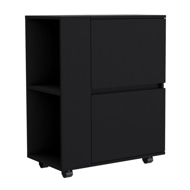 Tully Black Bar Cart with Cabinets and Open Shelves