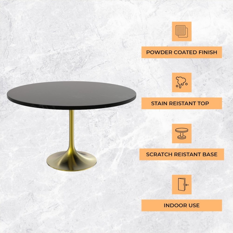 Verve Collection 48" Round Dining Table, Brushed Gold Base With Black Mdf Top