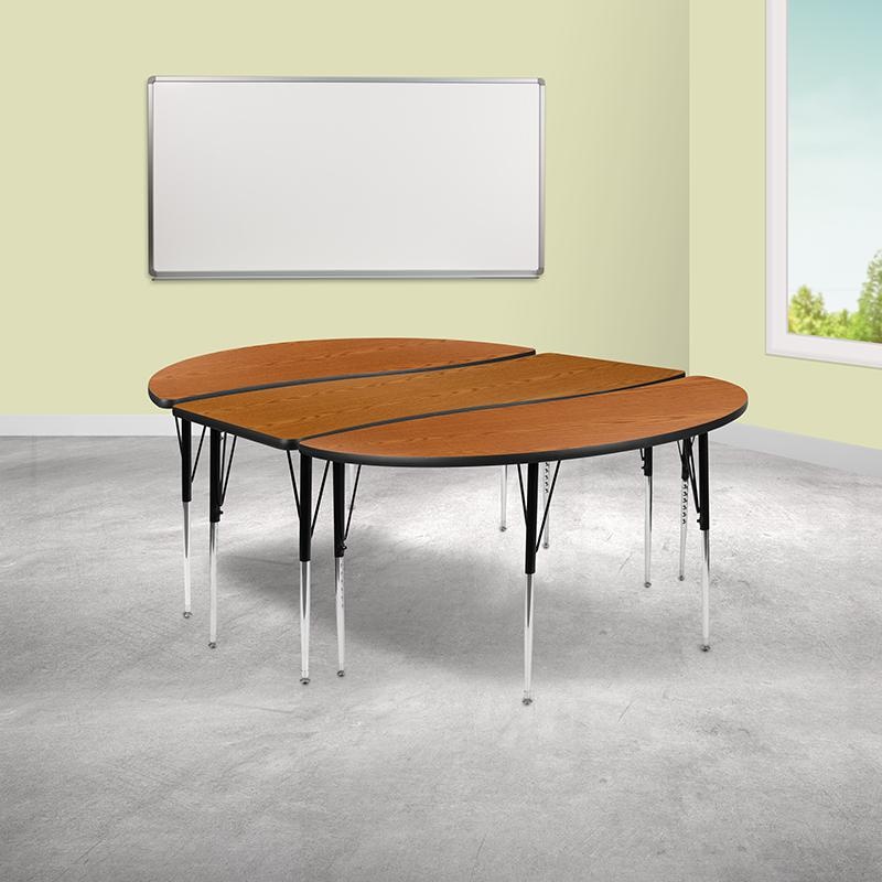 3 Piece 86" Oval Wave Collaborative Oak Thermal Laminate Activity Table Set - Standard Height Adjustable Legs