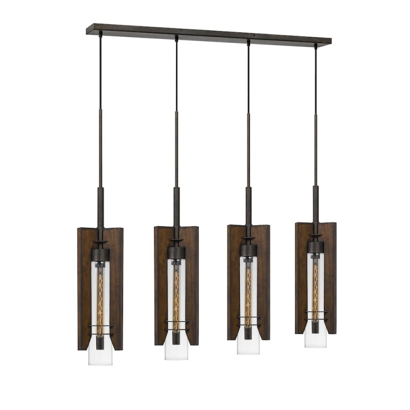 60W X 3 Almeria Wood/Glass 4 Light Pendant Fixture (Edison Bulbs Not Included)