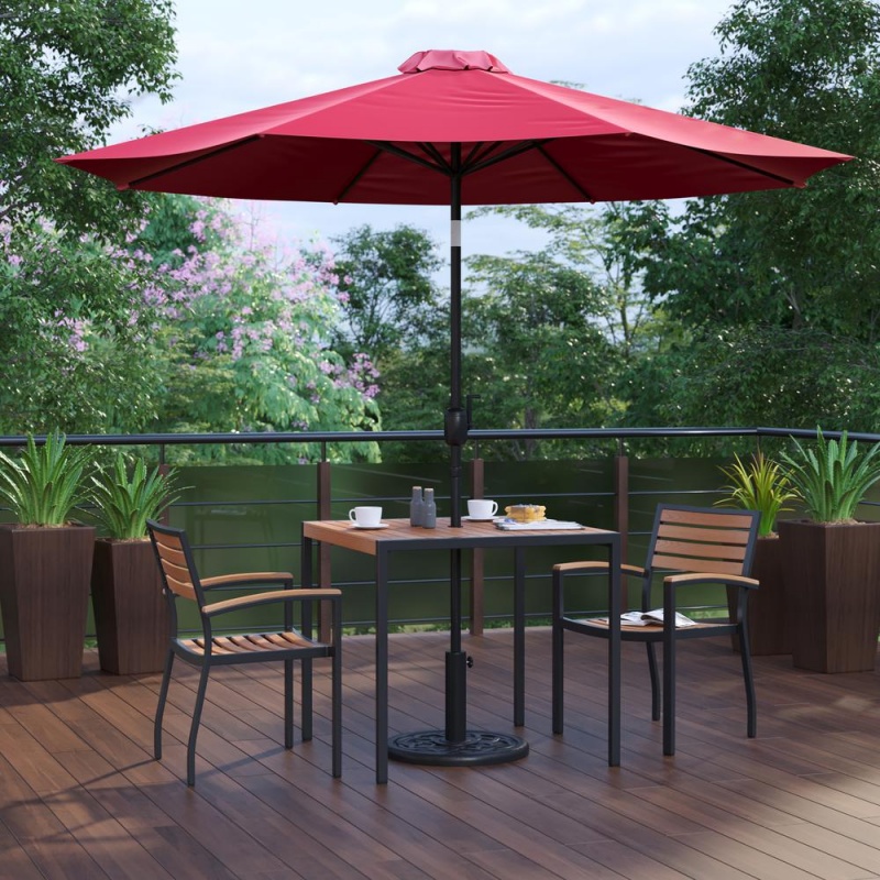 5 Piece Outdoor Patio Table Set With 2 Synthetic Teak Stackable Chairs, 35" Square Table, Red Umbrella & Base
