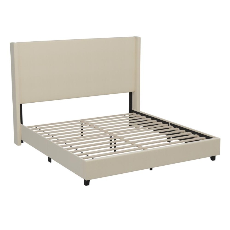 King Upholstered Platform Bed With Channel Stitched Wingback Headboard, Beige