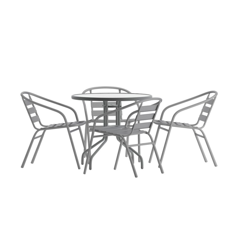 Lila 31.5'' Round Glass Top Metal Table With 4 Silver Aluminum Slat Stack Chairs