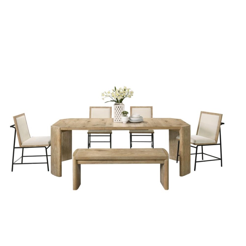 6 Piece Oak Finish 84" Extendable Rectangular Dining Table Set With Dining Bench