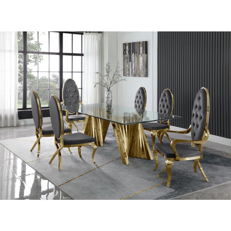 Classic 7Pc Dining Set W/Uph Tufted Side/Arm Chair, Glass Table W/ Gold Spiral Base, Dark Grey