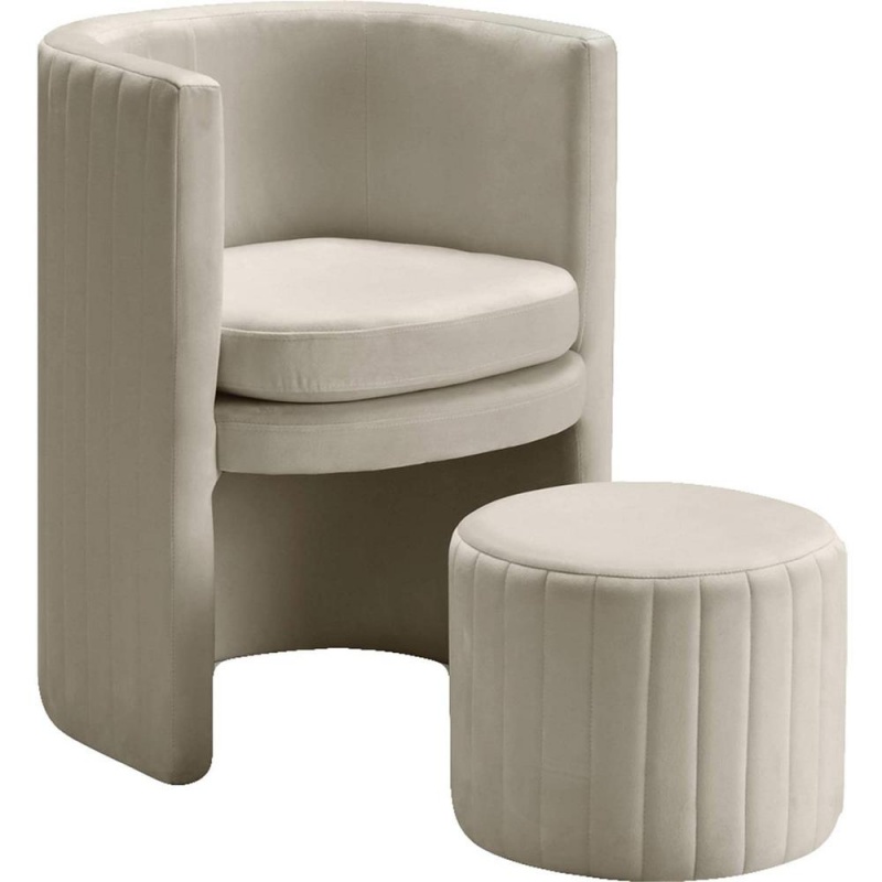 Seager Cream Velvet Round Arm Chair With Ottoman