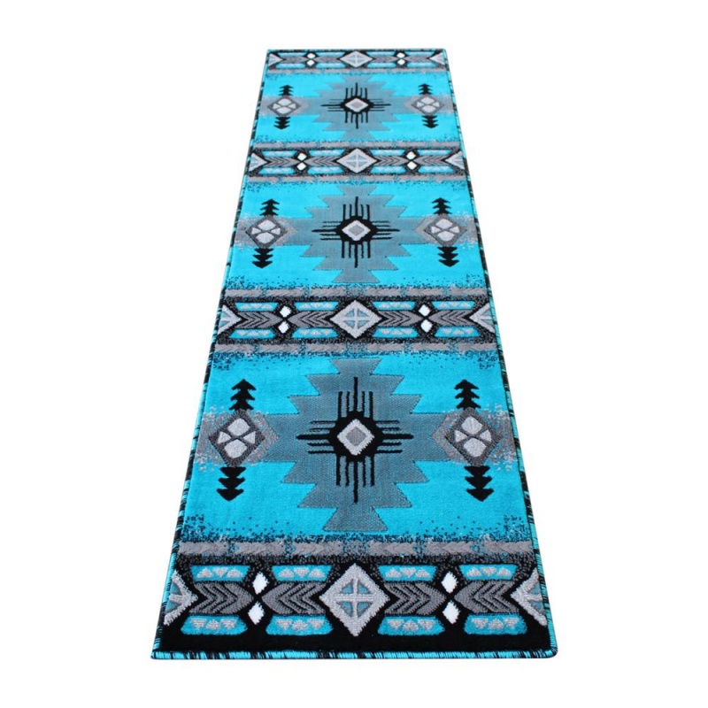 Mohave Collection 2' X 7' Turquoise Traditional Southwestern Style Area Rug - Olefin Fibers With Jute Backing