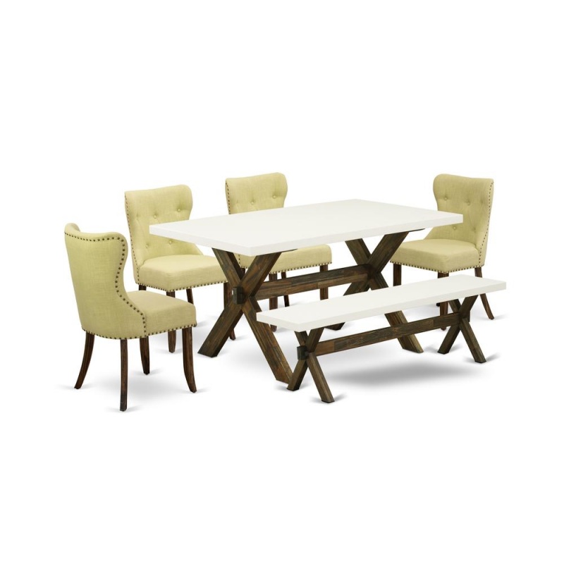 East West Furniture X726si737-6 6-Pc Kitchen Dining Set- 4 Kitchen Chairs With Limelight Linen Fabric Seat And Button Tufted Chair Back - Rectangular Top & Wooden Cross Legs Wood Dining Table And Wood