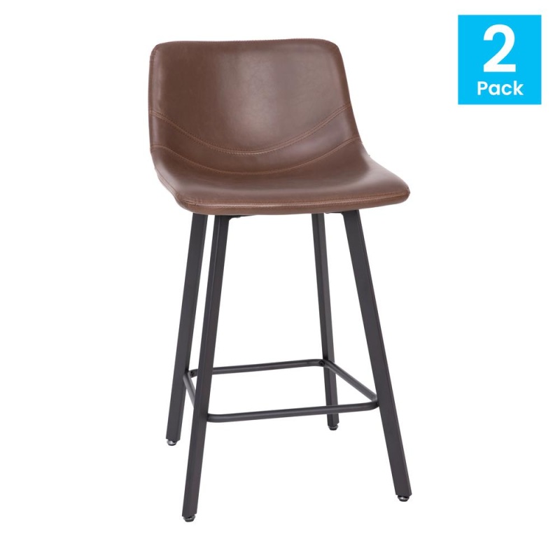 Caleb Modern Armless 24 Inch Counter Height Stools Commercial Grade W/Footrests In Chocolate Brown Leathersoft And Black Matte Metal Frames, Set Of 2