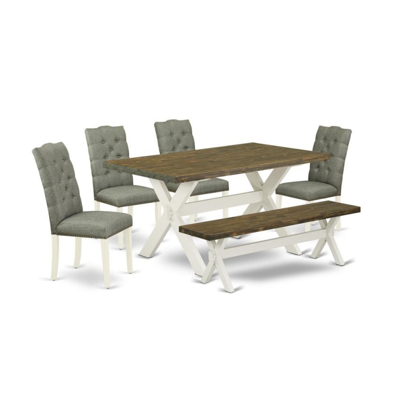 East West Furniture X076el207-6 6-Pc Dining Table Set- 4 Dining Room Chairs With Smoke Linen Fabric Seat And Button Tufted Chair Back - Rectangular Top & Wooden Cross Legs Modern Dining Table And Dini