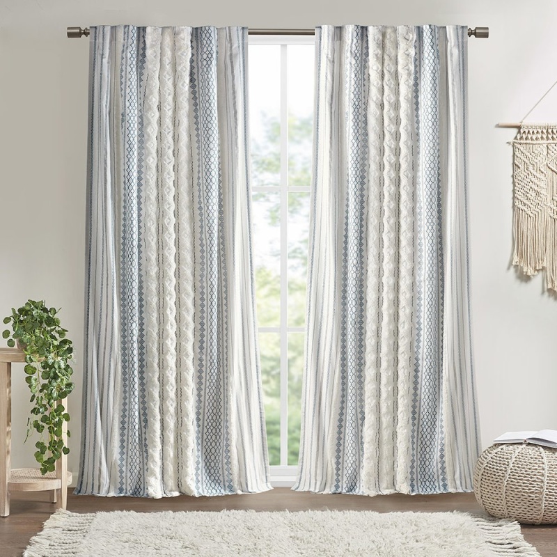 Cotton Printed Curtain Panel With Chenille Stripe And Lining