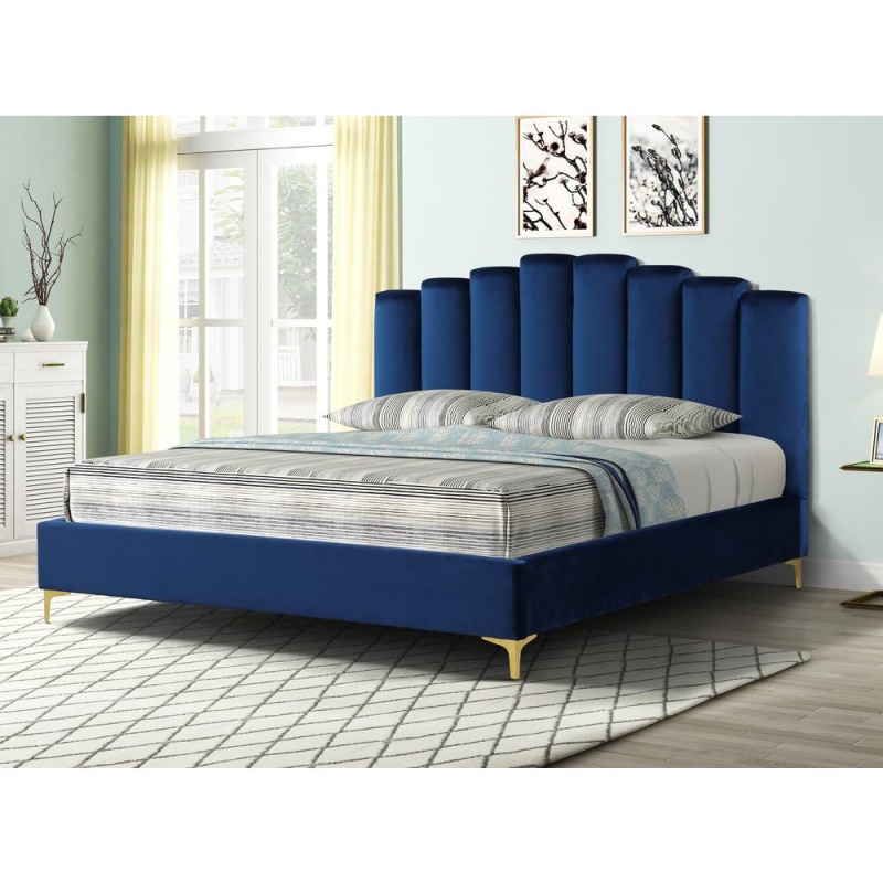 Sicily Velvet Fabric Queen Platform Bed In Blue