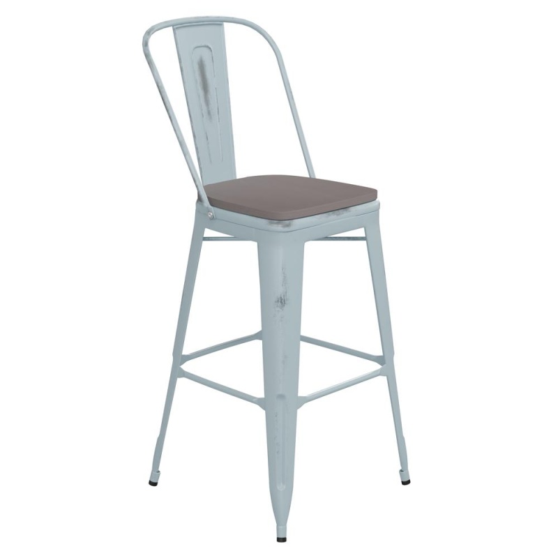 Carly Commercial Grade 30" High Green-Blue Metal Indoor-Outdoor Barstool With Back With Gray Poly Resin Wood Seat