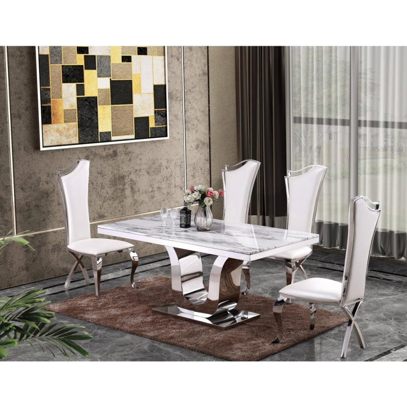 White Marble 5Pc Set Non-Tufted Stainless Steel Chairs In White Faux Leather