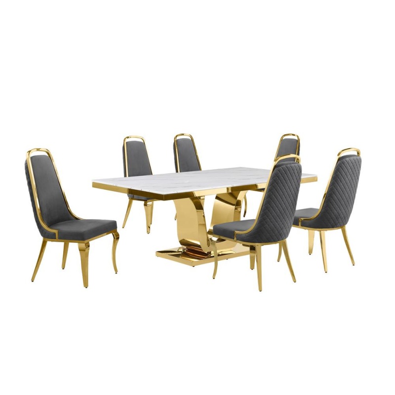 7-Piece 76-Inch Marble-Top Dining Set with Gold Base and 6 Dark Grey Side Chairs