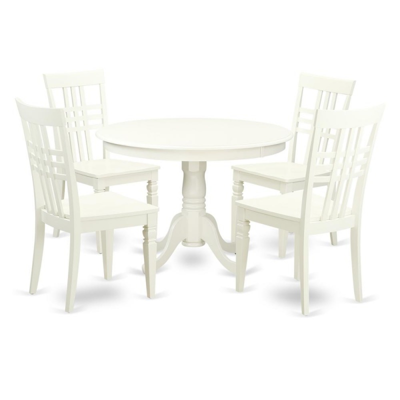 5 Pc Round Dinette Table and 4 Wood Chairs in Linen White