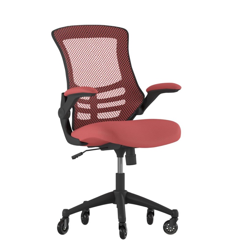 Kelista Mid-Back Red Mesh Swivel Ergonomic Task Office Chair With Flip-Up Arms And Transparent Roller Wheels