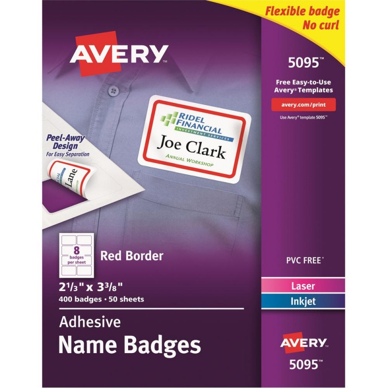 Avery® Name Badge Label - 2 21/64" Width X 3 3/8" Length - Removable Adhesive - Rectangle - Laser, Inkjet - White, Red - Film - 8 / Sheet - 50 Total Sheets - 400 Total Label(S) - 400 / Box