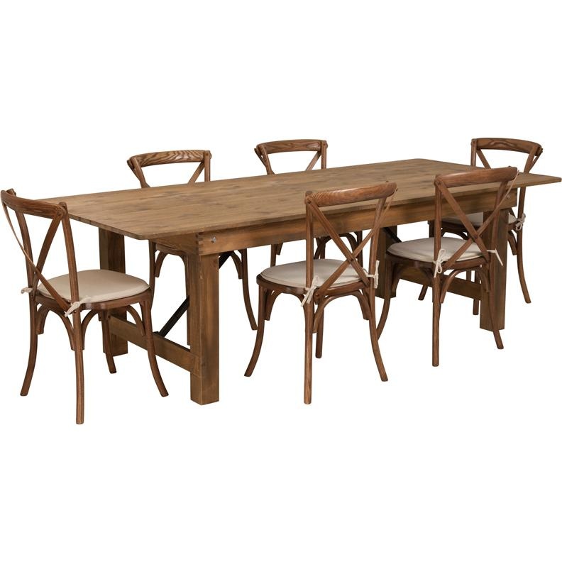 8' X 40'' Antique Folding Farm Table Set With 6 Cross Back Chairs And Cushions